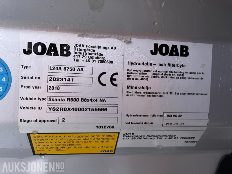 Abrollkipper 2019 Scania R500 8X4, 275105 km, Joab 24 tonns Krokløft, bilen leveres med ny Eu godkjenning