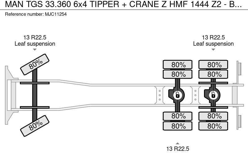 Kipper MAN TGS 33.360 6x4 KIPPER + KRAAN Z HMF 1444 Z2 - BORDMATIC - RADIO / GRABBER - 290.000km - BLADVERING / NAAFREDUCTIE