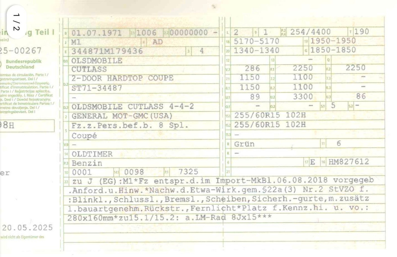 Oldsmobile Cutlass 442 V8 W30 Cabrio Coupe Hardtop H-Zulass - Cabrio: das Bild 4 Oldsmobile Cutlass 442 V8 W30 Cabrio Coupe Hardtop H-Zulass - Cabrio: das Bild 4