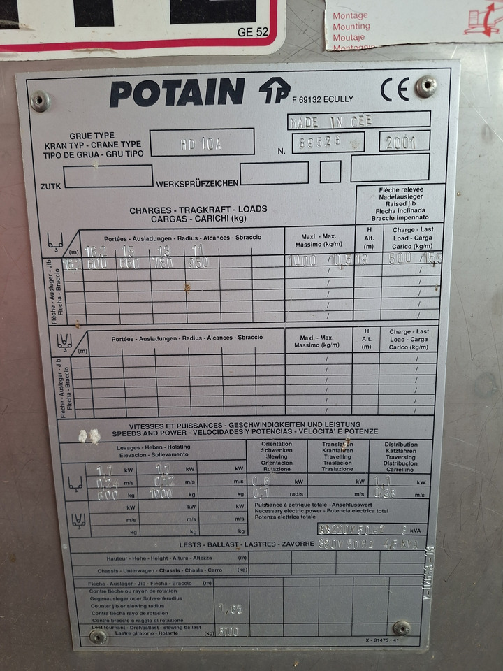 POTAIN HD10A - Schnellmontagekran: das Bild 2 POTAIN HD10A - Schnellmontagekran: das Bild 2